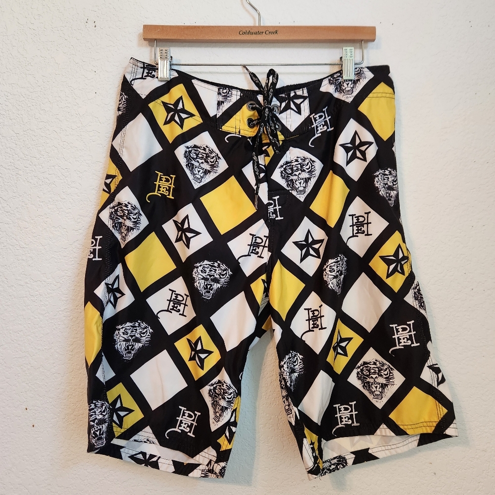 Ed Hardy Pray For Surf Black and Yellow Men's Board Shorts, Size 34‎